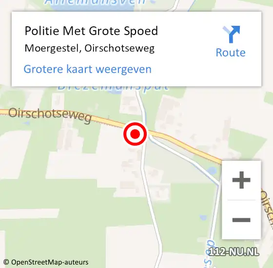 Locatie op kaart van de 112 melding: Politie Met Grote Spoed Naar Moergestel, Oirschotseweg op 14 juni 2022 08:42