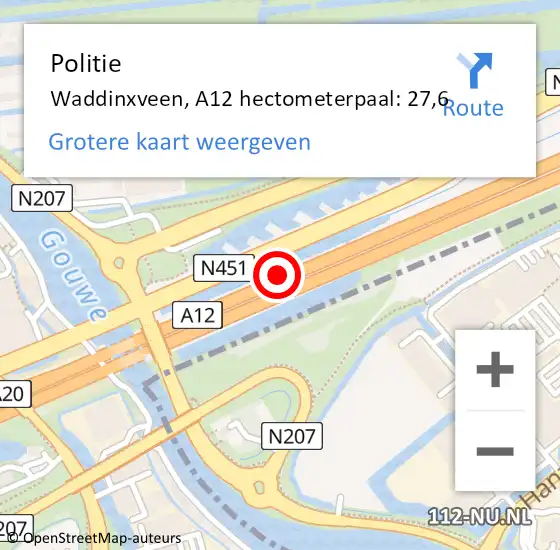 Locatie op kaart van de 112 melding: Politie Waddinxveen, A12 hectometerpaal: 27,6 op 14 juni 2022 08:49