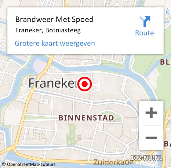 Locatie op kaart van de 112 melding: Brandweer Met Spoed Naar Franeker, Botniasteeg op 14 juni 2022 09:10