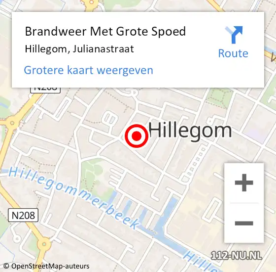 Locatie op kaart van de 112 melding: Brandweer Met Grote Spoed Naar Hillegom, Julianastraat op 14 juni 2022 09:23