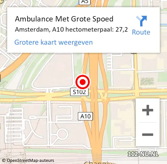 Locatie op kaart van de 112 melding: Ambulance Met Grote Spoed Naar Amsterdam, A10 hectometerpaal: 27,2 op 14 juni 2022 10:08