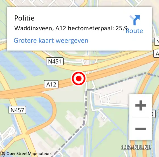 Locatie op kaart van de 112 melding: Politie Waddinxveen, A12 hectometerpaal: 25,9 op 14 juni 2022 11:00