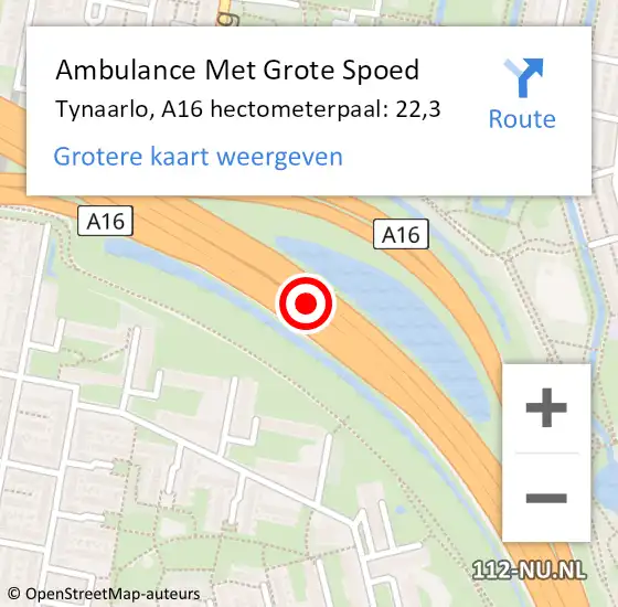 Locatie op kaart van de 112 melding: Ambulance Met Grote Spoed Naar Tynaarlo, A16 hectometerpaal: 22,3 op 14 juni 2022 14:44