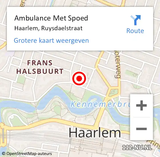 Locatie op kaart van de 112 melding: Ambulance Met Spoed Naar Haarlem, Ruysdaelstraat op 14 juni 2022 15:23