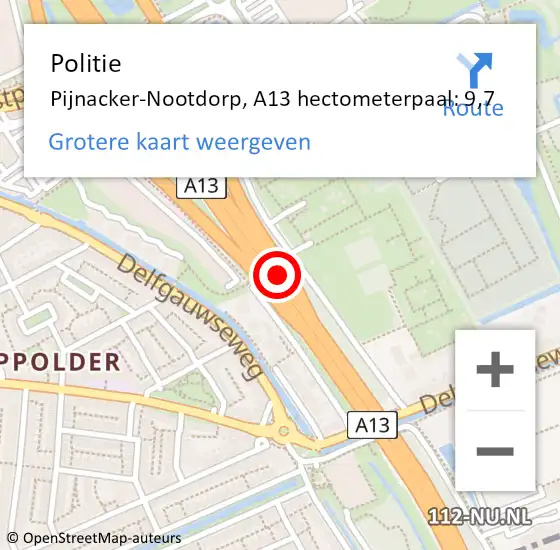 Locatie op kaart van de 112 melding: Politie Pijnacker-Nootdorp, A13 hectometerpaal: 9,7 op 14 juni 2022 16:33