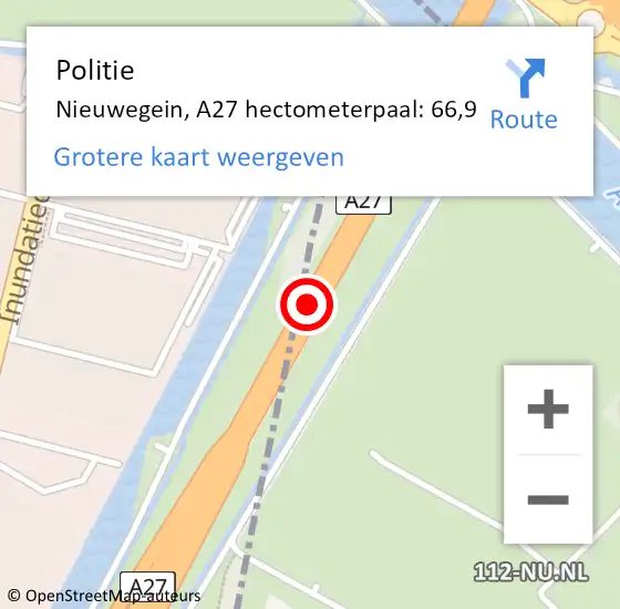 Locatie op kaart van de 112 melding: Politie Nieuwegein, A27 hectometerpaal: 66,9 op 14 juni 2022 16:43