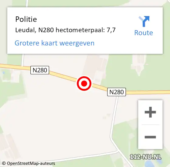 Locatie op kaart van de 112 melding: Politie Leudal, N280 hectometerpaal: 7,7 op 14 juni 2022 17:32