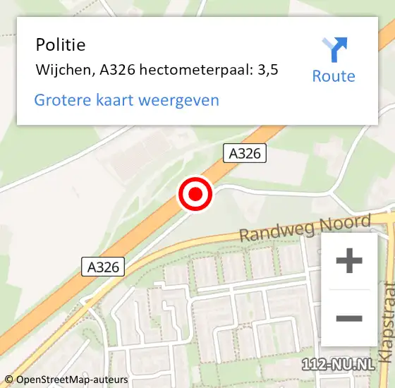 Locatie op kaart van de 112 melding: Politie Wijchen, A326 hectometerpaal: 3,5 op 14 juni 2022 18:21