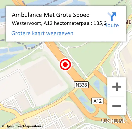 Locatie op kaart van de 112 melding: Ambulance Met Grote Spoed Naar Westervoort, A12 hectometerpaal: 135,6 op 14 juni 2022 18:34