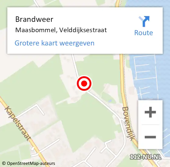 Locatie op kaart van de 112 melding: Brandweer Maasbommel, Velddijksestraat op 14 juni 2022 20:54