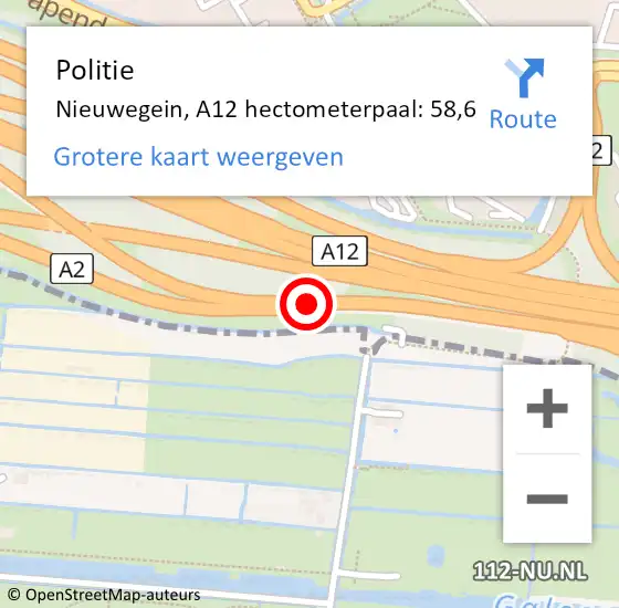 Locatie op kaart van de 112 melding: Politie Nieuwegein, A12 hectometerpaal: 58,6 op 14 juni 2022 21:57