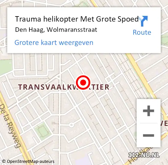 Locatie op kaart van de 112 melding: Trauma helikopter Met Grote Spoed Naar Den Haag, Wolmaransstraat op 14 juni 2022 22:25