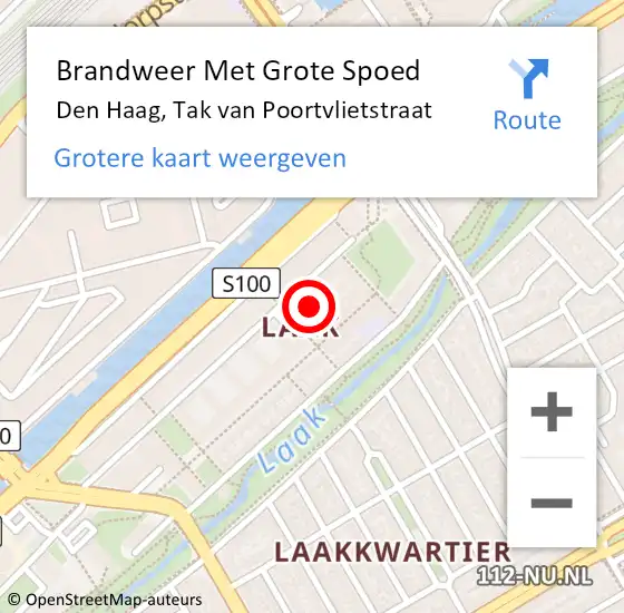 Locatie op kaart van de 112 melding: Brandweer Met Grote Spoed Naar Den Haag, Tak van Poortvlietstraat op 14 juni 2022 23:21