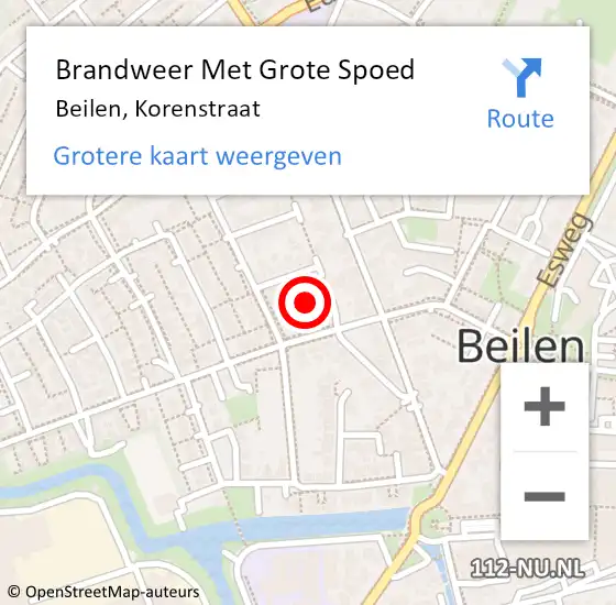 Locatie op kaart van de 112 melding: Brandweer Met Grote Spoed Naar Beilen, Korenstraat op 14 juni 2022 23:35