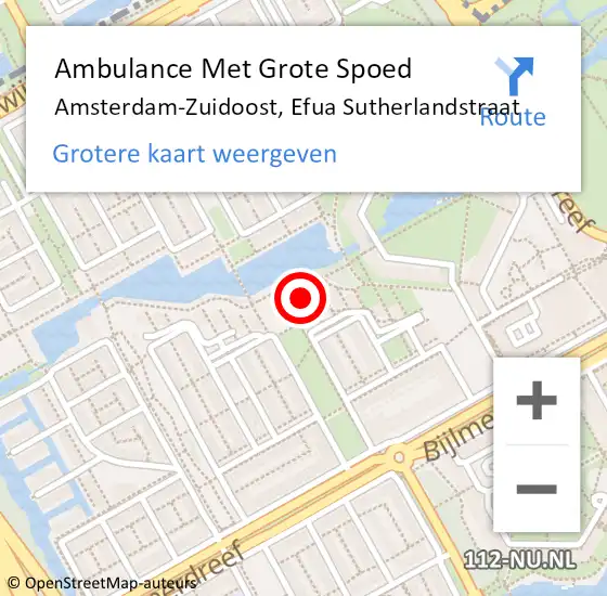 Locatie op kaart van de 112 melding: Ambulance Met Grote Spoed Naar Amsterdam-Zuidoost, Efua Sutherlandstraat op 15 juni 2022 01:59