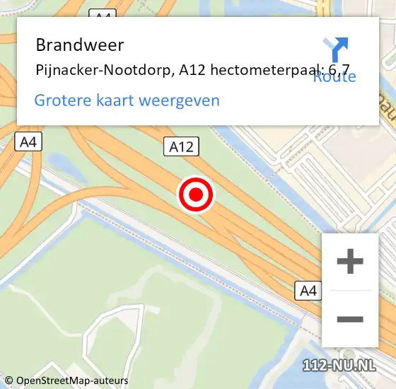 Locatie op kaart van de 112 melding: Brandweer Pijnacker-Nootdorp, A12 hectometerpaal: 6,7 op 15 juni 2022 06:30