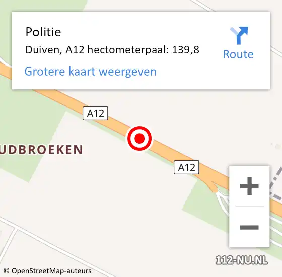 Locatie op kaart van de 112 melding: Politie Duiven, A12 hectometerpaal: 139,8 op 15 juni 2022 07:38
