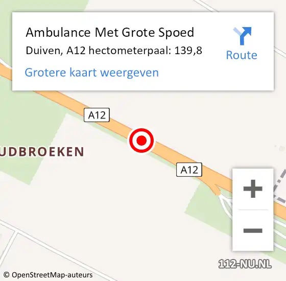 Locatie op kaart van de 112 melding: Ambulance Met Grote Spoed Naar Duiven, A12 hectometerpaal: 139,8 op 15 juni 2022 07:38