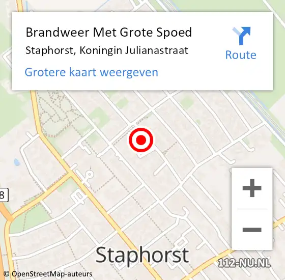 Locatie op kaart van de 112 melding: Brandweer Met Grote Spoed Naar Staphorst, Koningin Julianastraat op 15 juni 2022 08:10
