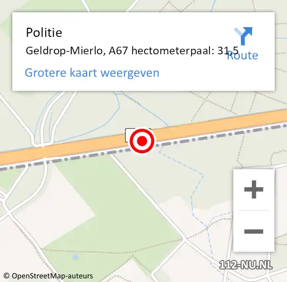 Locatie op kaart van de 112 melding: Politie Geldrop-Mierlo, A67 hectometerpaal: 31,5 op 15 juni 2022 08:19