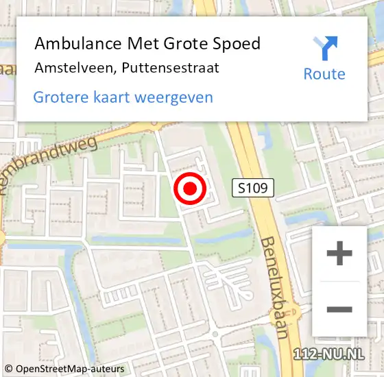 Locatie op kaart van de 112 melding: Ambulance Met Grote Spoed Naar Amstelveen, Puttensestraat op 15 juni 2022 08:20