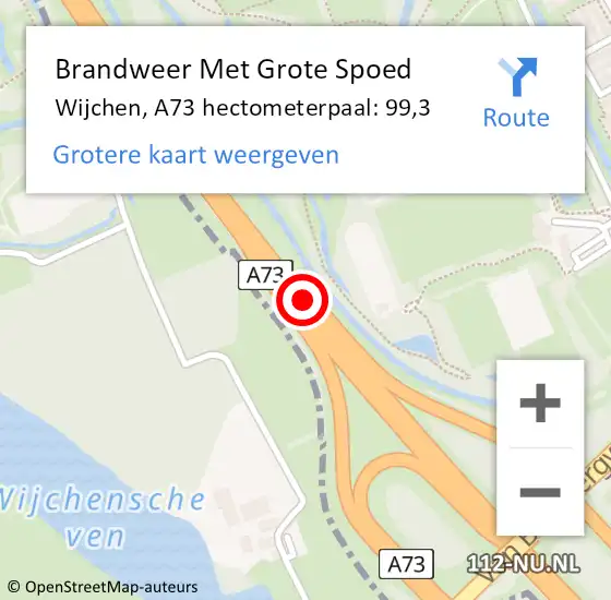 Locatie op kaart van de 112 melding: Brandweer Met Grote Spoed Naar Wijchen, A73 hectometerpaal: 99,3 op 15 juni 2022 08:43