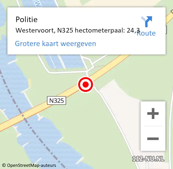 Locatie op kaart van de 112 melding: Politie Westervoort, N325 hectometerpaal: 24,3 op 15 juni 2022 09:24