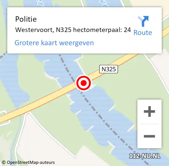 Locatie op kaart van de 112 melding: Politie Westervoort, N325 hectometerpaal: 24 op 15 juni 2022 09:25