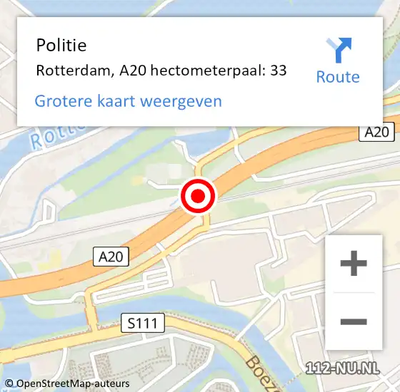 Locatie op kaart van de 112 melding: Politie Rotterdam, A20 hectometerpaal: 33 op 15 juni 2022 09:38