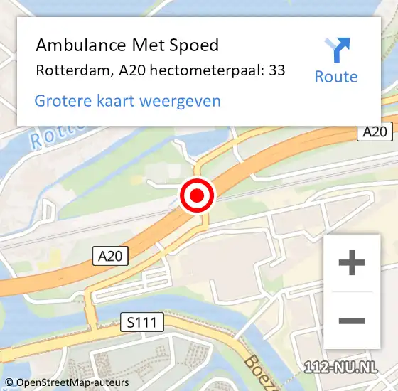 Locatie op kaart van de 112 melding: Ambulance Met Spoed Naar Rotterdam, A20 hectometerpaal: 33 op 15 juni 2022 09:42