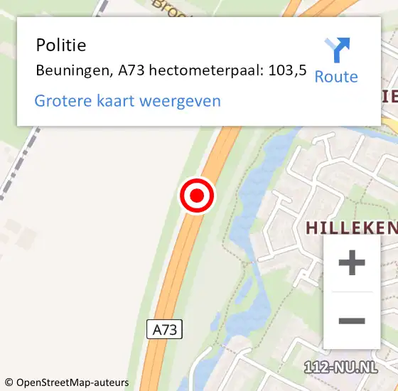 Locatie op kaart van de 112 melding: Politie Beuningen, A73 hectometerpaal: 103,5 op 15 juni 2022 09:42