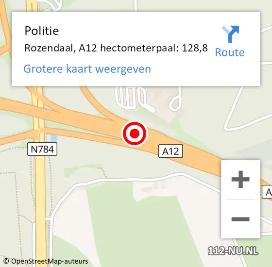 Locatie op kaart van de 112 melding: Politie Rozendaal, A12 hectometerpaal: 128,8 op 15 juni 2022 10:36