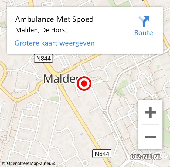 Locatie op kaart van de 112 melding: Ambulance Met Spoed Naar Malden, De Horst op 15 juni 2022 13:05