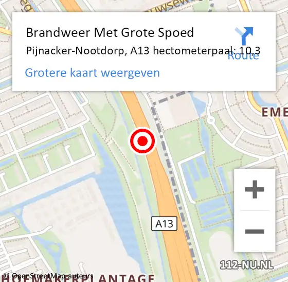 Locatie op kaart van de 112 melding: Brandweer Met Grote Spoed Naar Pijnacker-Nootdorp, A13 hectometerpaal: 10,3 op 15 juni 2022 13:41