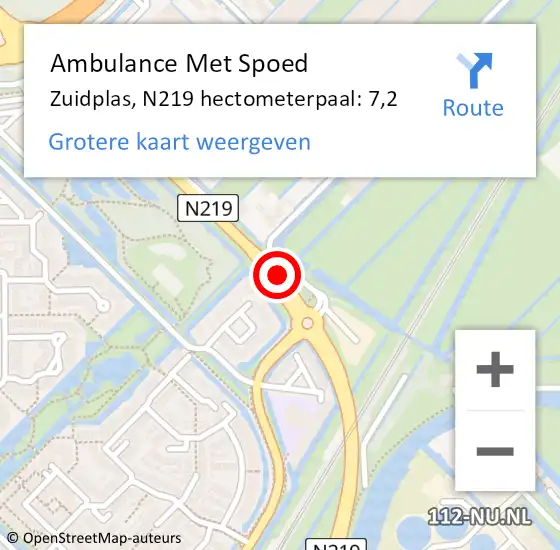 Locatie op kaart van de 112 melding: Ambulance Met Spoed Naar Zuidplas, N219 hectometerpaal: 7,2 op 15 juni 2022 14:39