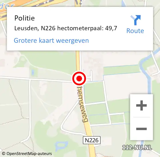 Locatie op kaart van de 112 melding: Politie Leusden, N226 hectometerpaal: 49,7 op 15 juni 2022 15:06