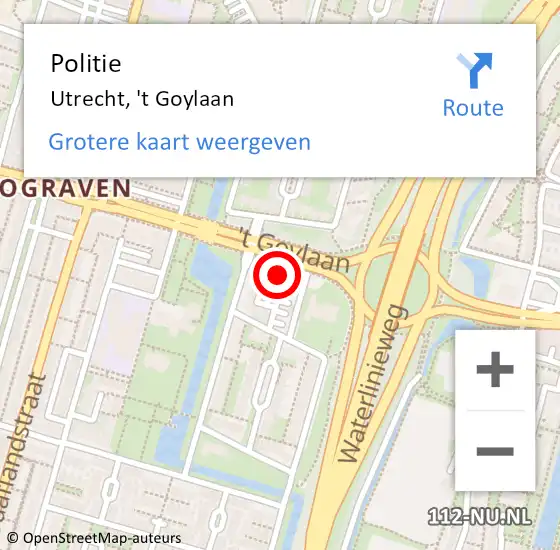 Locatie op kaart van de 112 melding: Politie Utrecht, 't Goylaan op 15 juni 2022 15:56