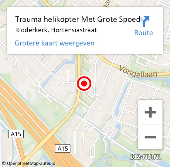 Locatie op kaart van de 112 melding: Trauma helikopter Met Grote Spoed Naar Ridderkerk, Hortensiastraat op 15 juni 2022 15:59