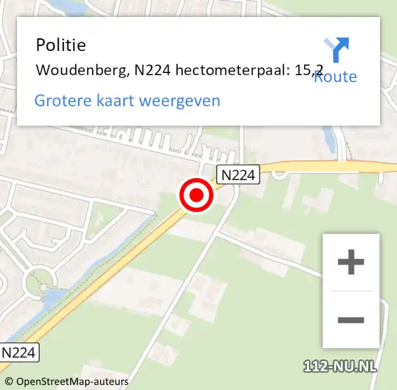 Locatie op kaart van de 112 melding: Politie Woudenberg, N224 hectometerpaal: 15,2 op 15 juni 2022 16:05