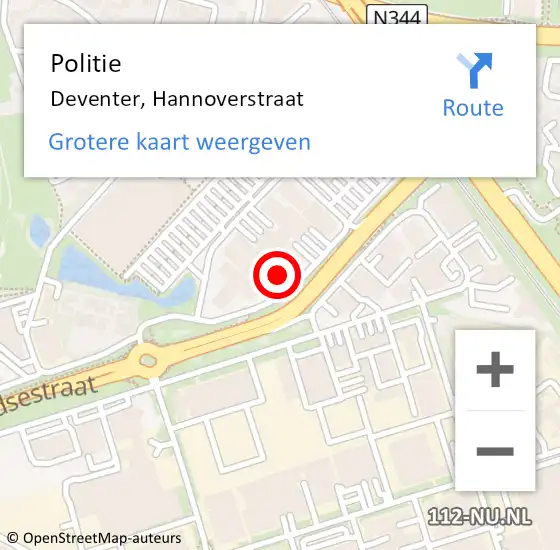 Locatie op kaart van de 112 melding: Politie Deventer, Hannoverstraat op 15 juni 2022 16:25