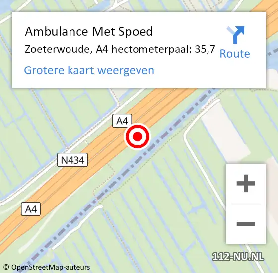 Locatie op kaart van de 112 melding: Ambulance Met Spoed Naar Zoeterwoude, A4 hectometerpaal: 35,7 op 15 juni 2022 16:55