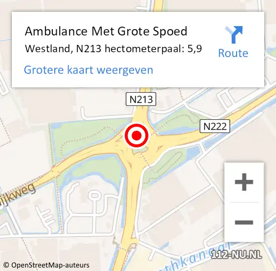 Locatie op kaart van de 112 melding: Ambulance Met Grote Spoed Naar Westland, N213 hectometerpaal: 5,9 op 15 juni 2022 17:02