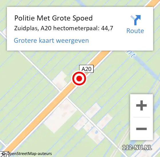 Locatie op kaart van de 112 melding: Politie Met Grote Spoed Naar Zuidplas, A20 hectometerpaal: 44,7 op 15 juni 2022 17:04