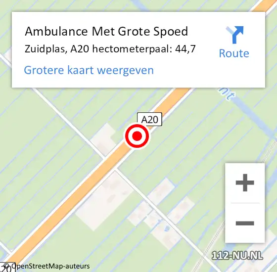 Locatie op kaart van de 112 melding: Ambulance Met Grote Spoed Naar Zuidplas, A20 hectometerpaal: 44,7 op 15 juni 2022 17:05