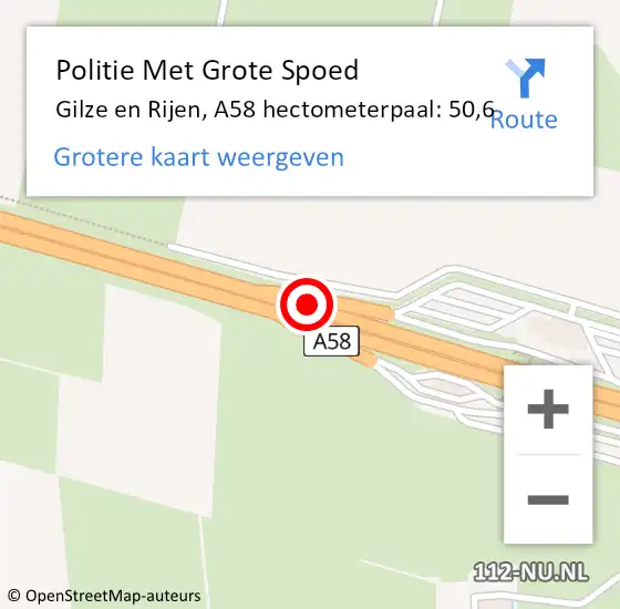 Locatie op kaart van de 112 melding: Politie Met Grote Spoed Naar Gilze en Rijen, A58 hectometerpaal: 50,6 op 15 juni 2022 17:30