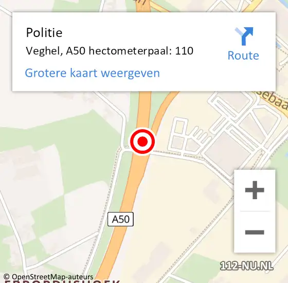 Locatie op kaart van de 112 melding: Politie Veghel, A50 hectometerpaal: 110 op 15 juni 2022 18:37