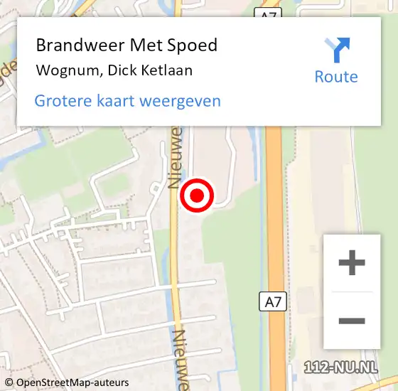 Locatie op kaart van de 112 melding: Brandweer Met Spoed Naar Wognum, Dick Ketlaan op 15 juni 2022 19:00