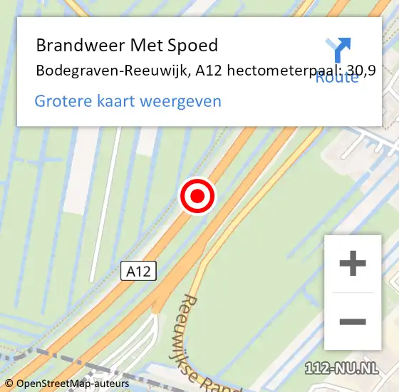 Locatie op kaart van de 112 melding: Brandweer Met Spoed Naar Bodegraven-Reeuwijk, A12 hectometerpaal: 30,9 op 15 juni 2022 21:38