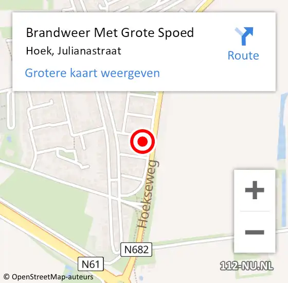 Locatie op kaart van de 112 melding: Brandweer Met Grote Spoed Naar Hoek, Julianastraat op 15 juni 2022 21:45