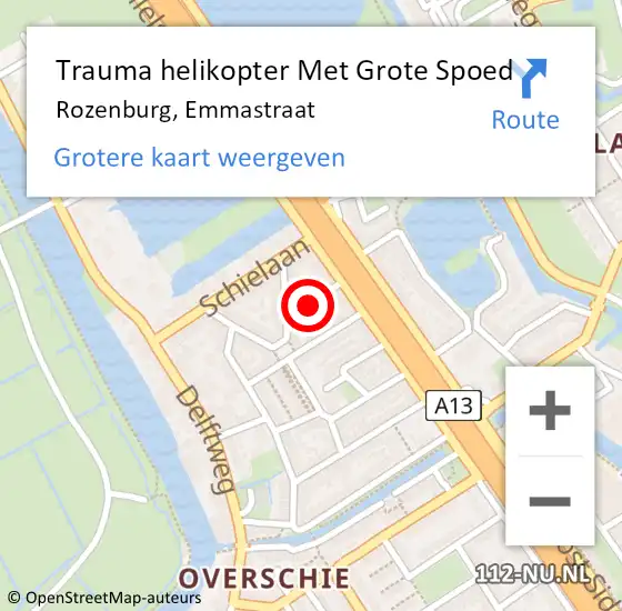 Locatie op kaart van de 112 melding: Trauma helikopter Met Grote Spoed Naar Rozenburg, Emmastraat op 15 juni 2022 22:02
